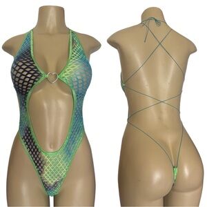 Green and Blue Mesh One-Piece Swimsuit